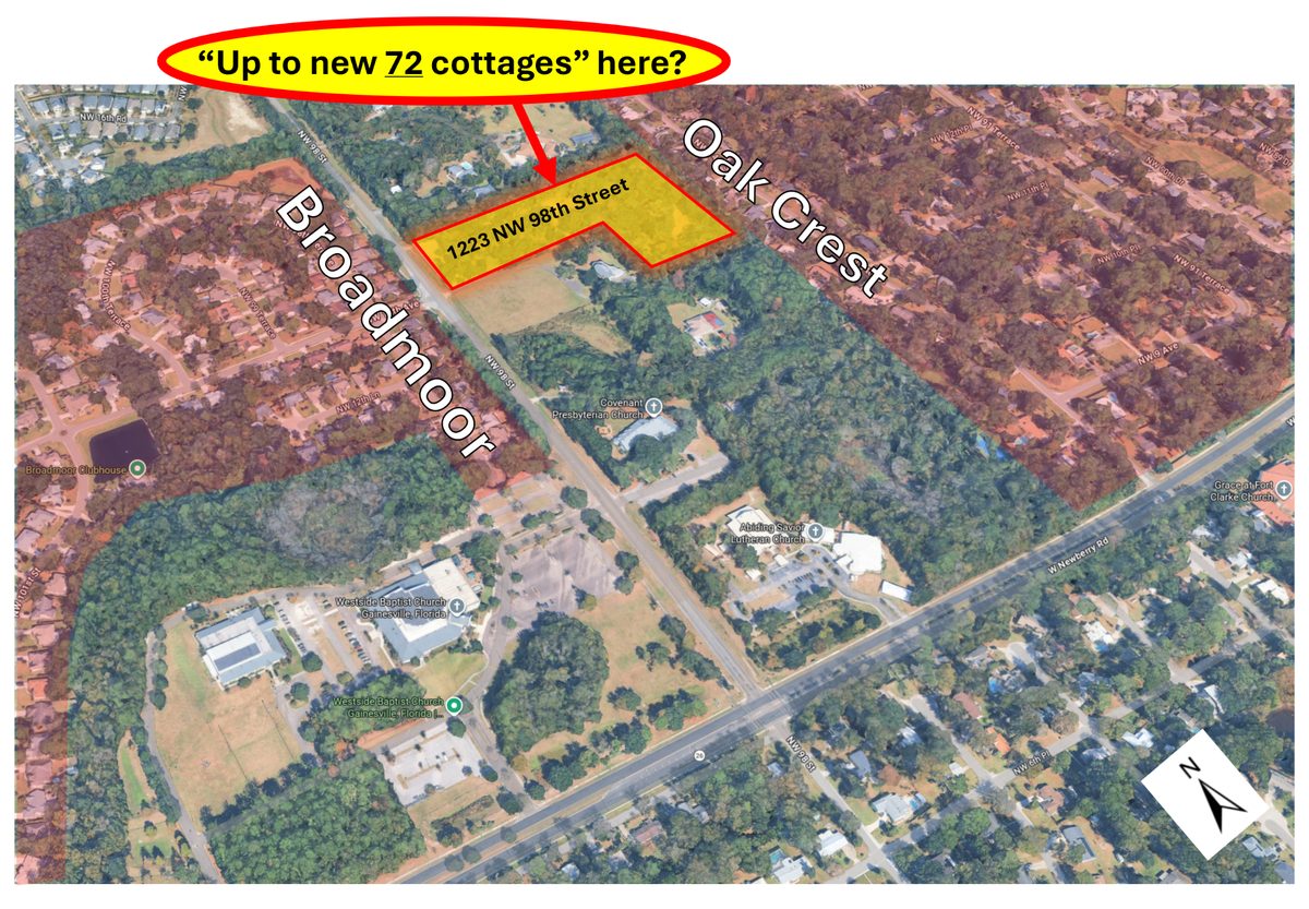 Aerial view of 1223 NW 98th Street, outlined in yellow, between the Broadmoor and Oak Crest neighborhoods north of Newberry Road