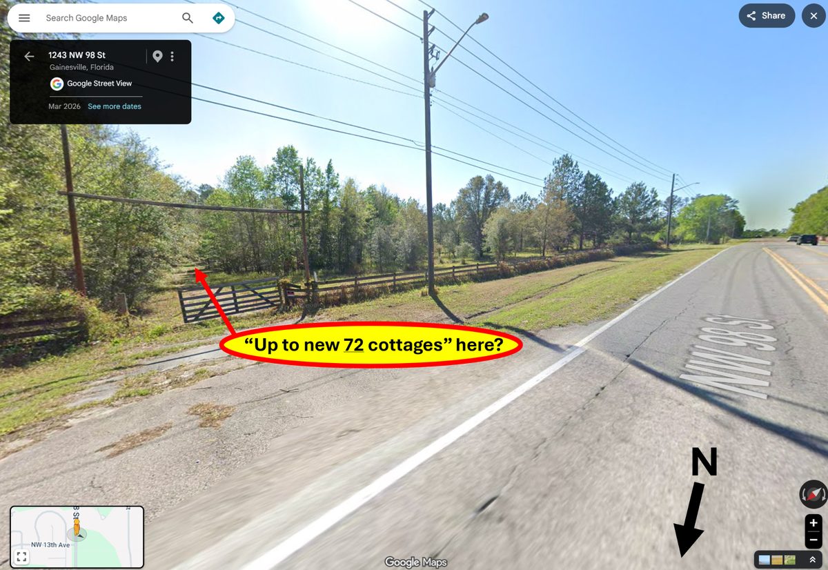 Gated entrance to the property on NW 98th Street, Google Street View, March 2026